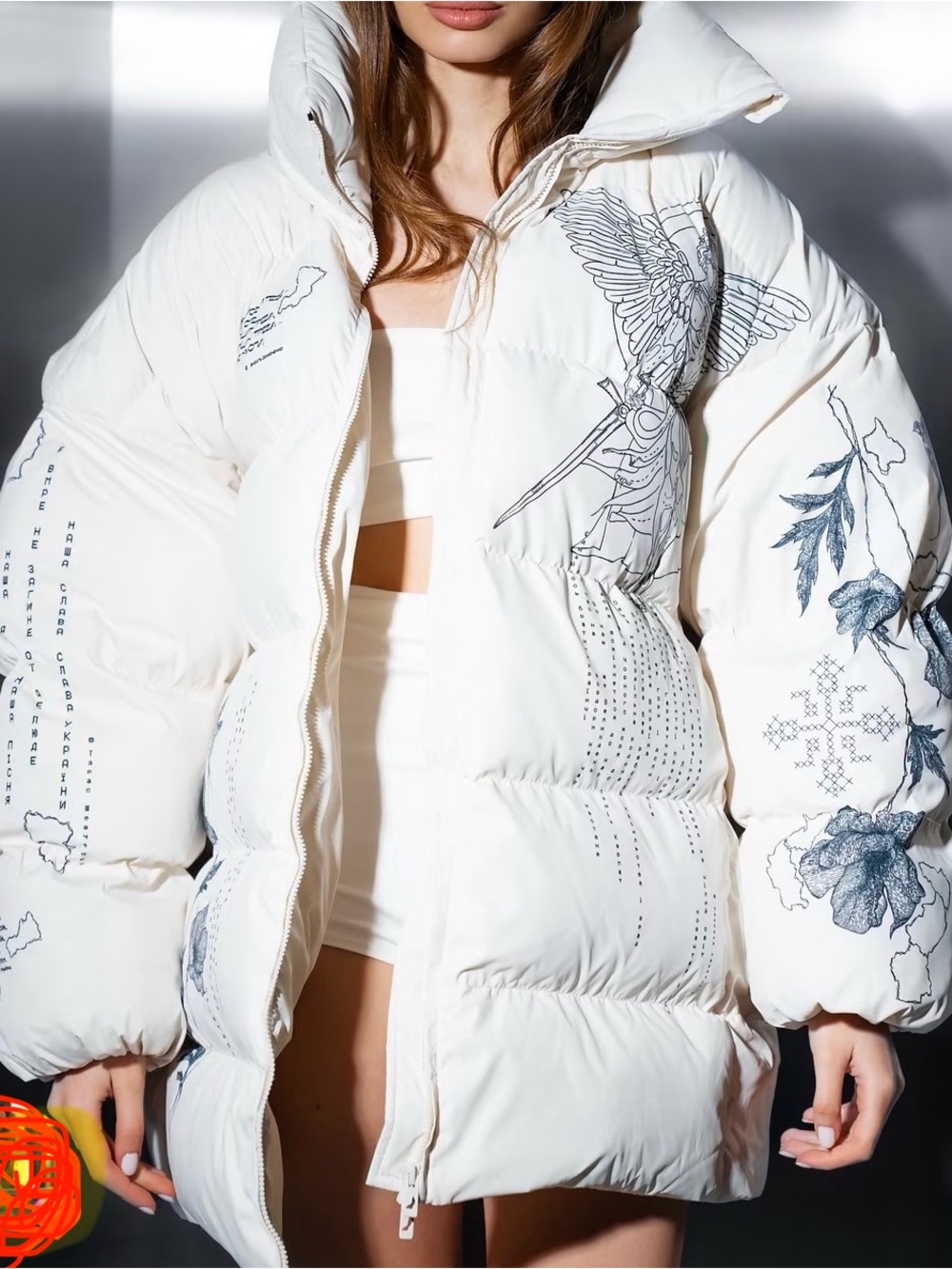 Cream Illustrated Oversized Puffer Jacket - Designer-Inspired